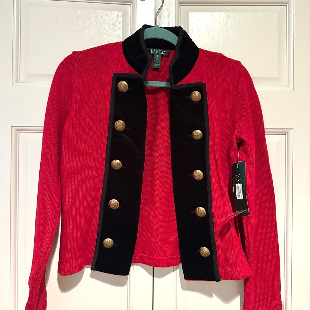 NEW Lauren Ralph Lauren Red Knit Military-Style Jacket with Black Velvet Trim